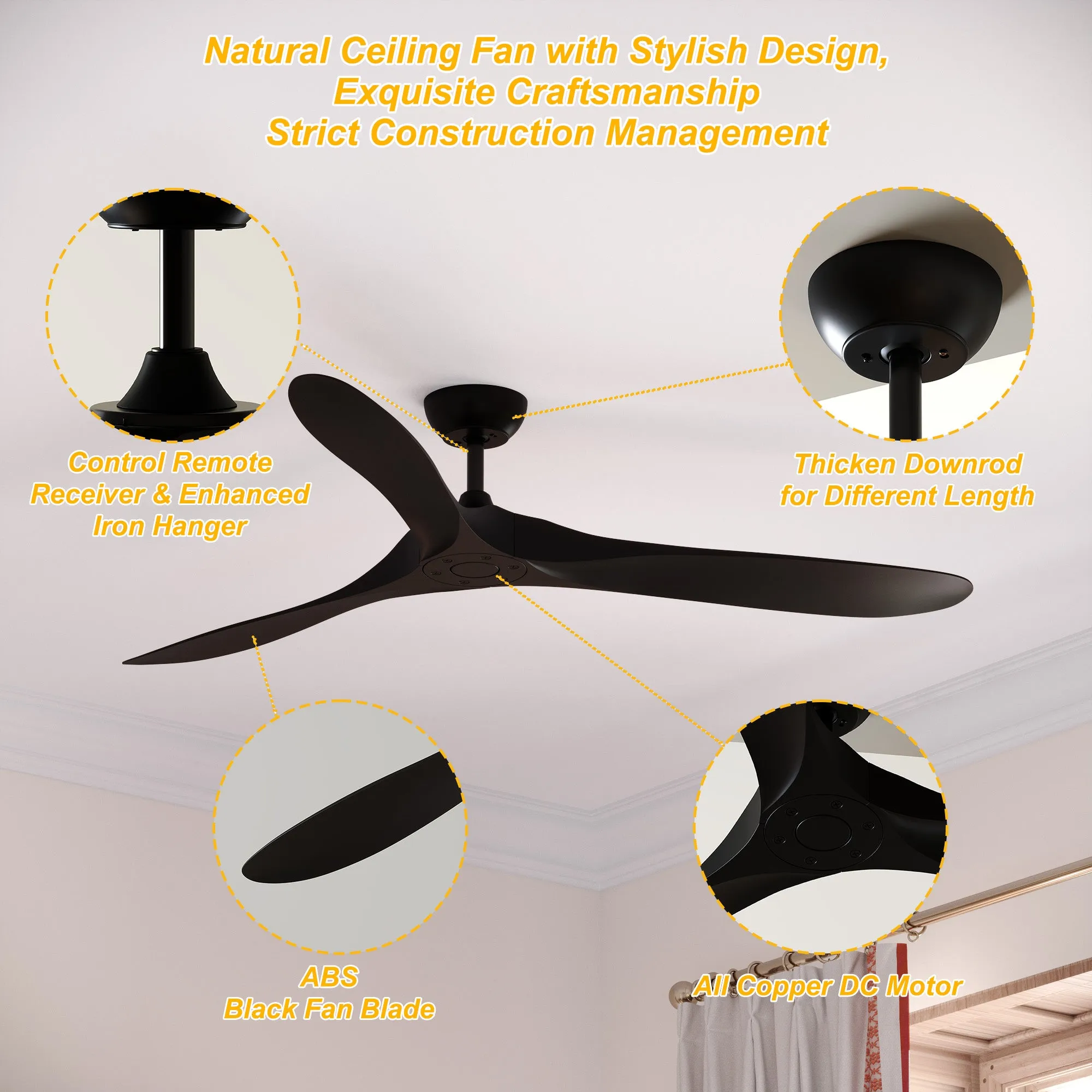 Modern Black Ceiling Fan With 3 Blades