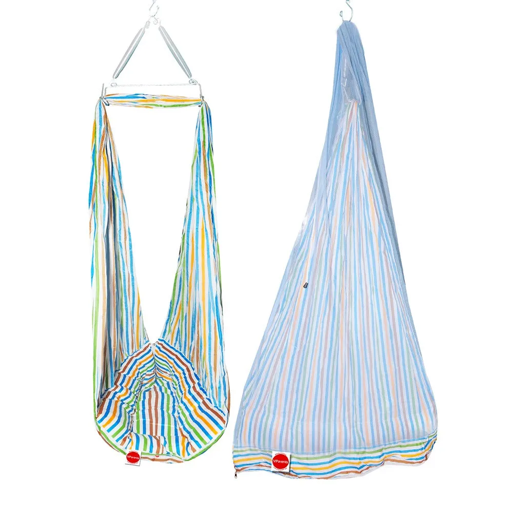 Neonate Baby Swing Cradle with Mosquito Net Spring and Metal Window Cradle Hanging Rod (Blue)