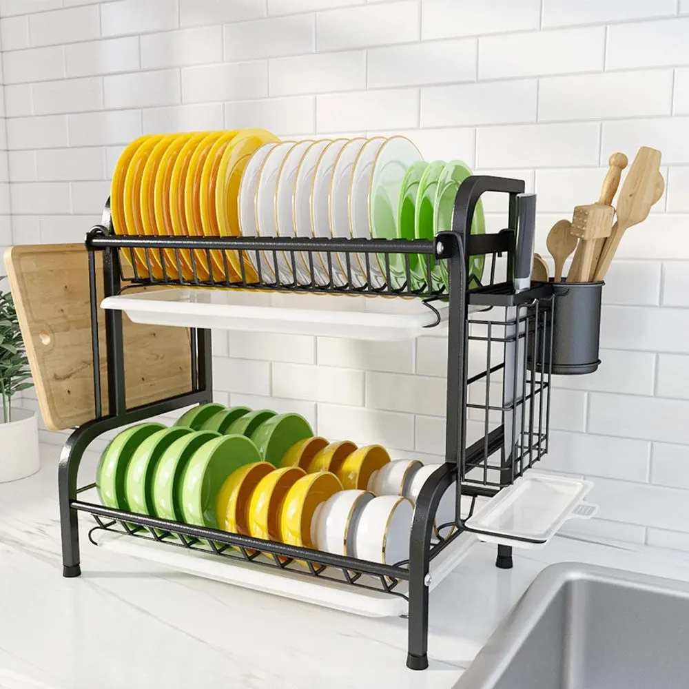 (Net) Dish Drying Rack 2-Tier Dish Rack with Removable Drainboard Stainless Steel Cutting Board Holder for Kitchen Organization