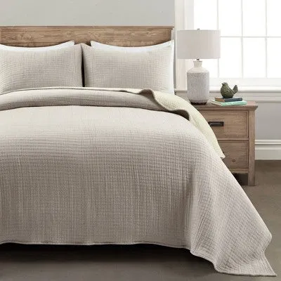 New - 3pc King Pickstitch Quilt/Coverlet Neutral/Off White - Lush Décor