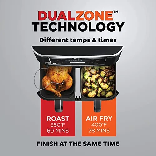 Ninja DZ550 Foodi 10 Quart 6-in-1 DualZone Smart XL Air Fryer with 2 Independent Baskets, Smart Cook Thermometer for Perfect Doneness, Match Cook & Smart Finish to Roast, Dehydrate & More, Grey