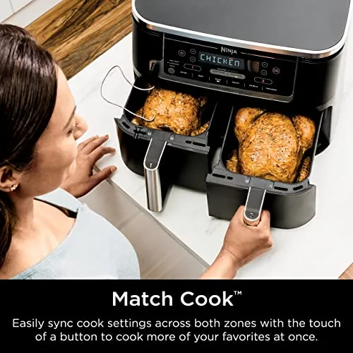 Ninja DZ550 Foodi 10 Quart 6-in-1 DualZone Smart XL Air Fryer with 2 Independent Baskets, Smart Cook Thermometer for Perfect Doneness, Match Cook & Smart Finish to Roast, Dehydrate & More, Grey