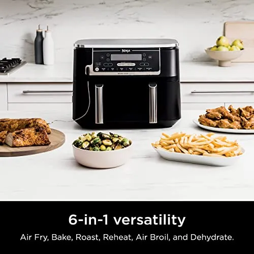 Ninja DZ550 Foodi 10 Quart 6-in-1 DualZone Smart XL Air Fryer with 2 Independent Baskets, Smart Cook Thermometer for Perfect Doneness, Match Cook & Smart Finish to Roast, Dehydrate & More, Grey