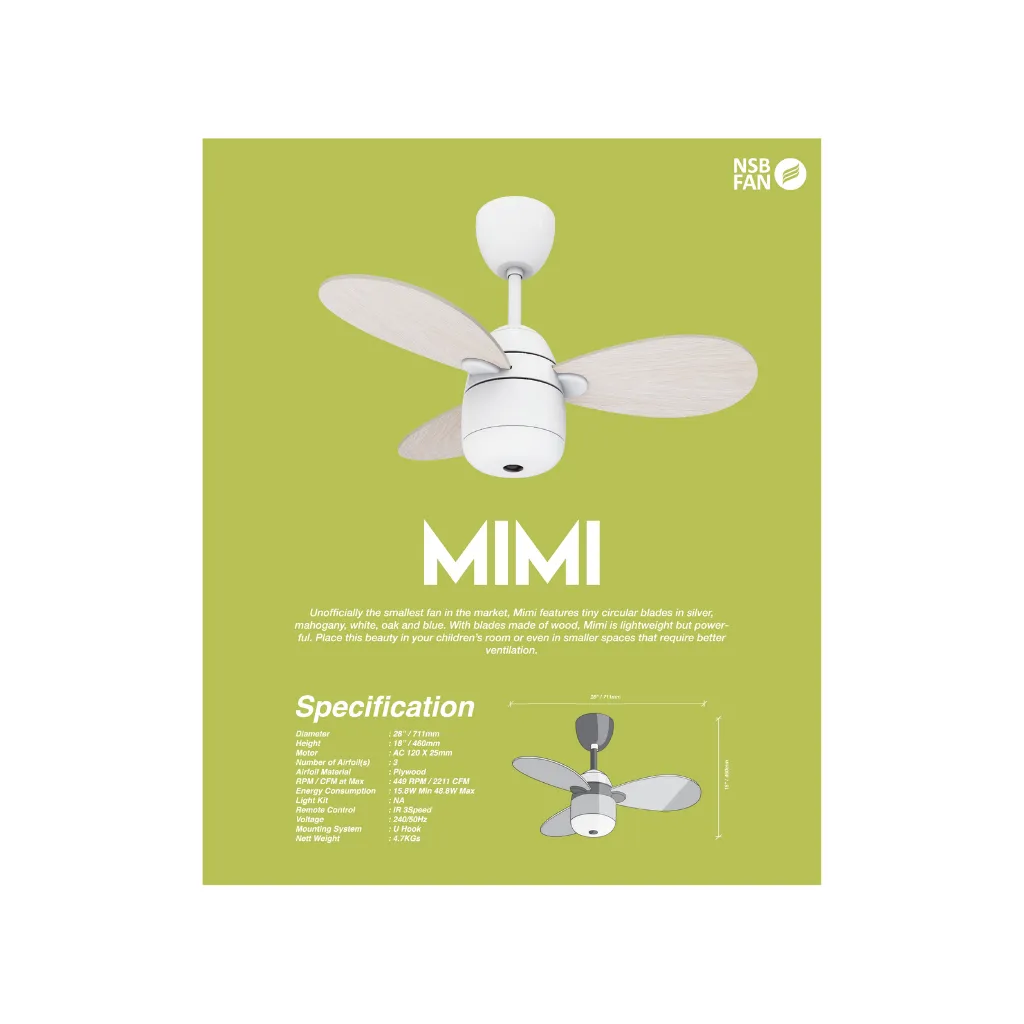 NSB MIMI (WH/OAK-White) 28 Inch Dual Tone Color Blade with Remote Control Ceiling Fan