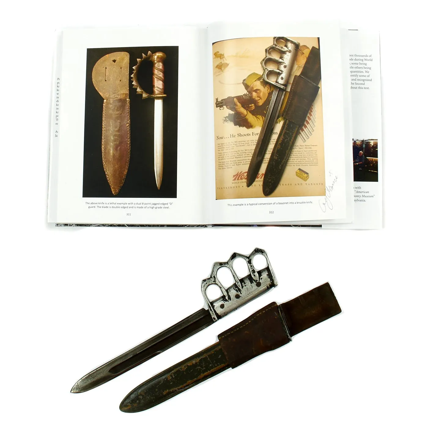 Original U.S. WWII Custom Knuckle Duster Fighting Knife As Seen in Book Signed By Author - Page 312