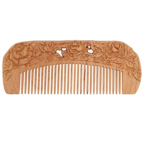 Peachwood Carved Roses Flowers Seamless Dome Hair Comb