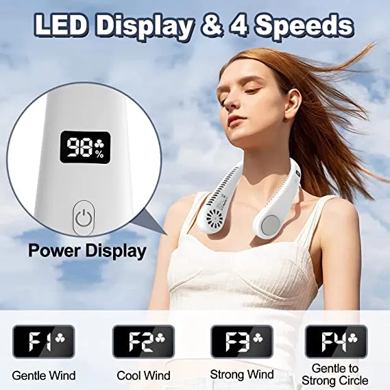 Personal Neck Fan, Portable Bladeless Quiet Fan with 4 Speeds, Rechargeable, LED Display