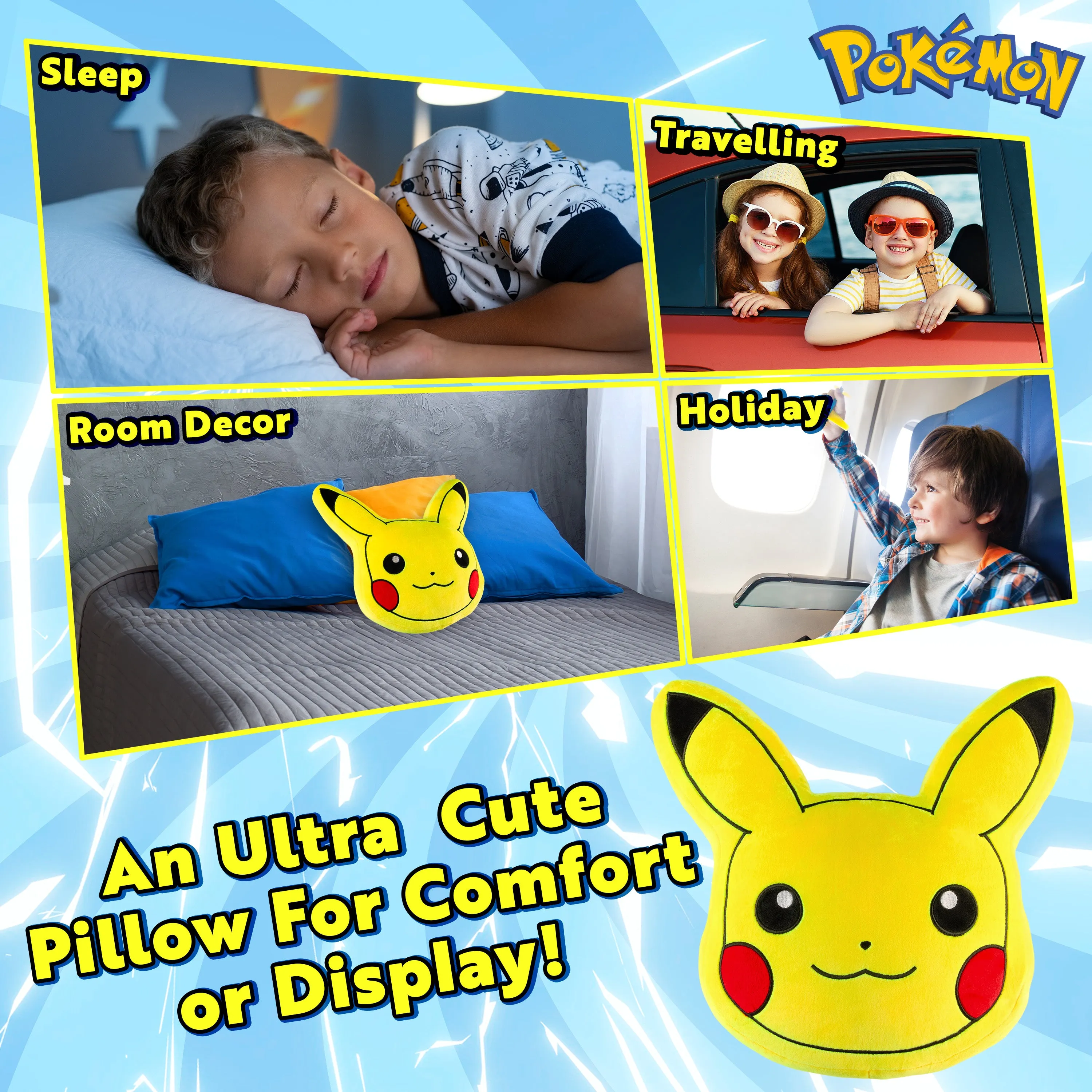 Pokemon 3D Pikachu Cushion Plush for Bed, Bedroom Accessories - Anime Gifts