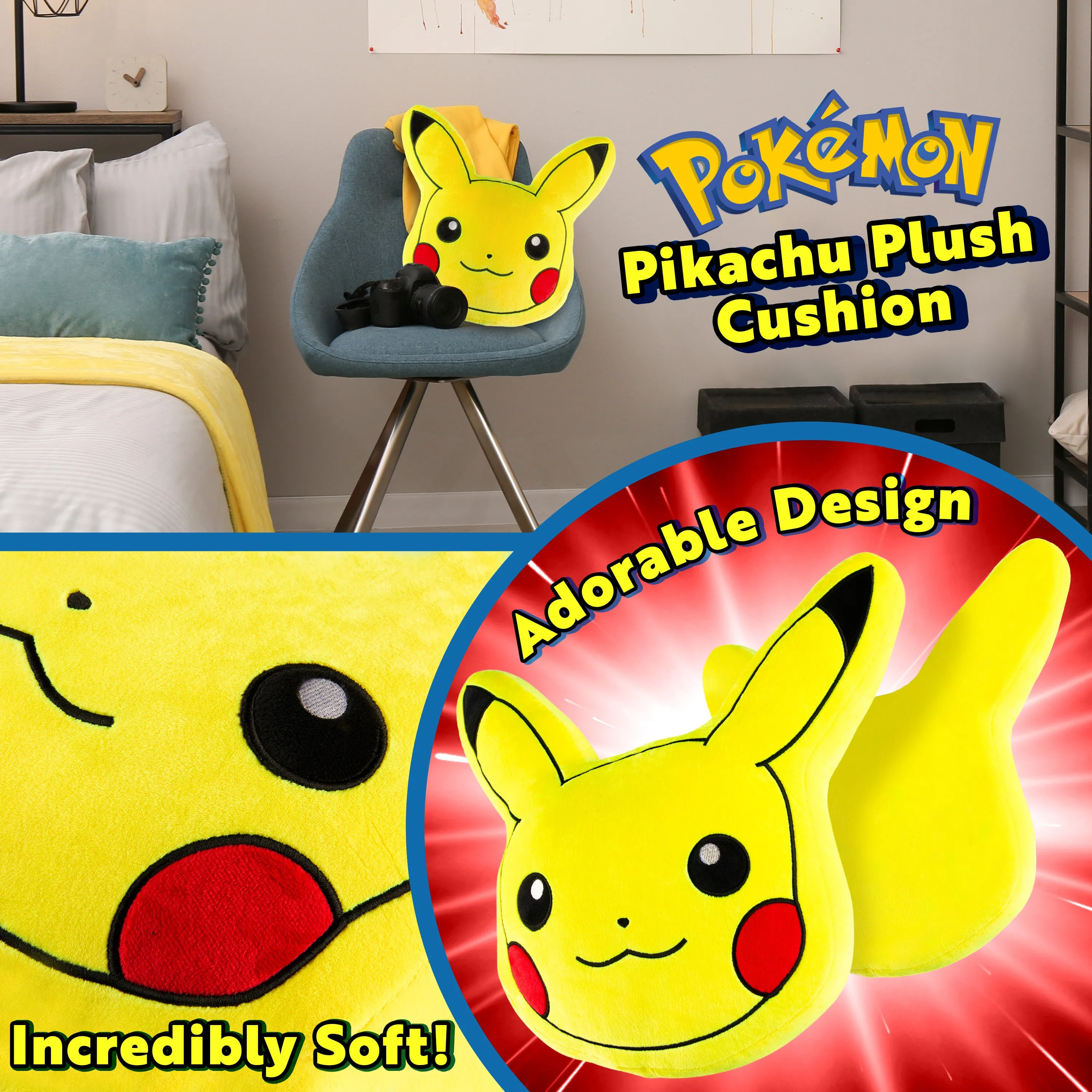 Pokemon 3D Pikachu Cushion Plush for Bed, Bedroom Accessories - Anime Gifts