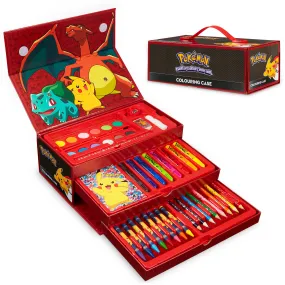 Pokemon Art Supplies Set, 40  Pcs Kids Painting Drawing Colouring Travel Case with Crayons Felt Tips Watercolours - Kids Gifts (Black/Red)