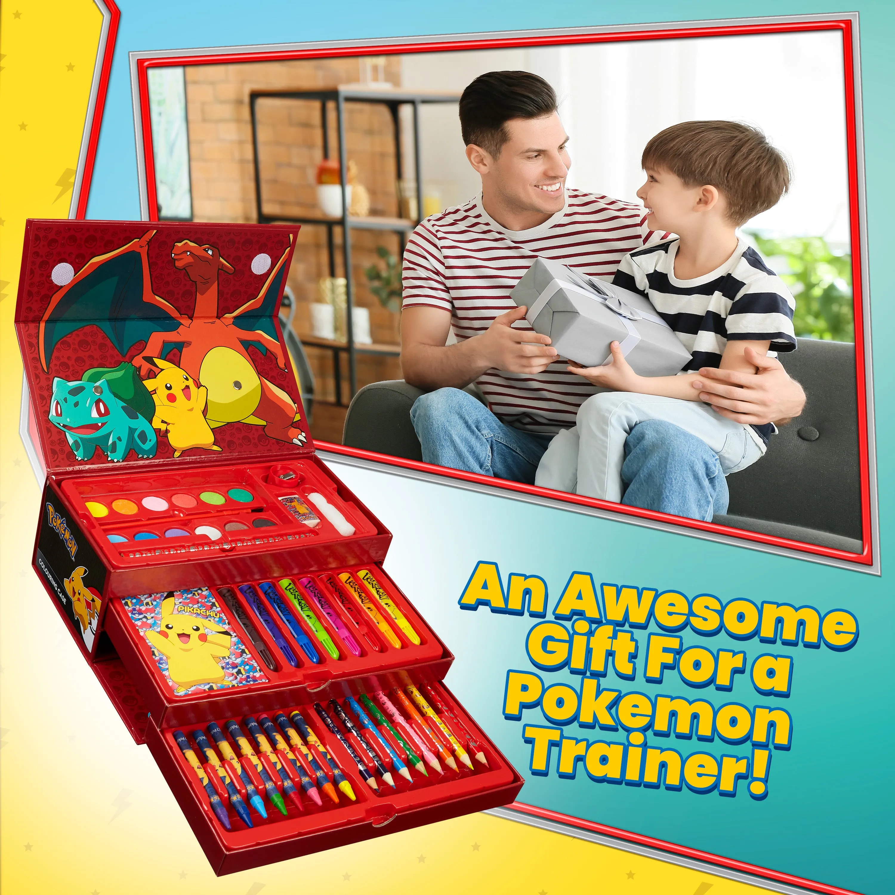 Pokemon Art Supplies Set, 40  Pcs Kids Painting Drawing Colouring Travel Case with Crayons Felt Tips Watercolours - Kids Gifts (Black/Red)