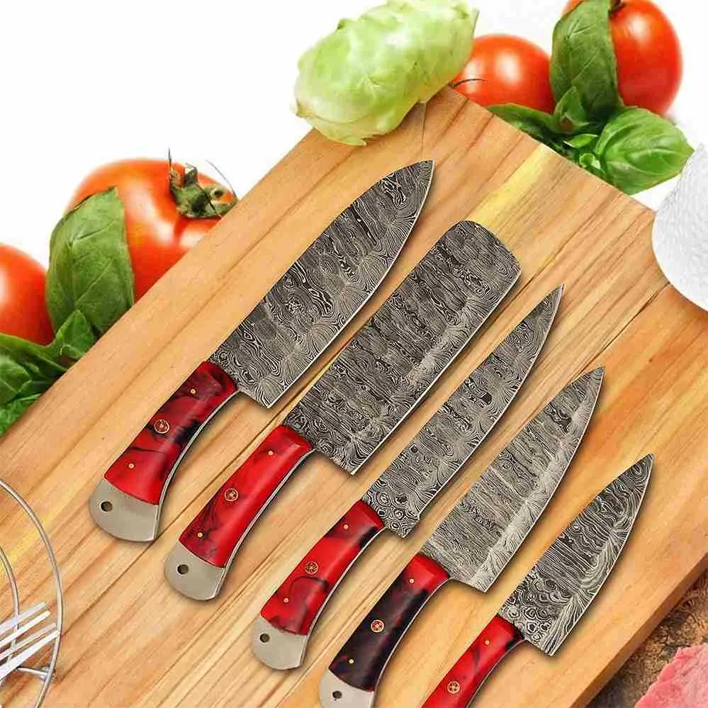 Red Handles Handmade Damascus Kitchen Chef Knives Set of 5 Pieces