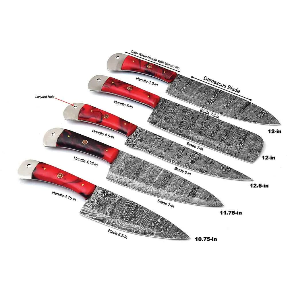 Red Handles Handmade Damascus Kitchen Chef Knives Set of 5 Pieces