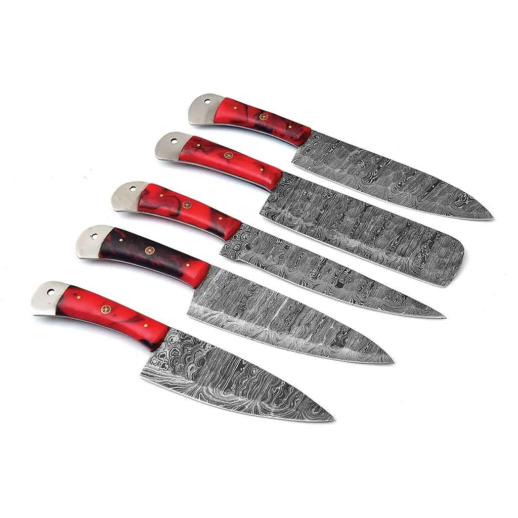 Red Handles Handmade Damascus Kitchen Chef Knives Set of 5 Pieces