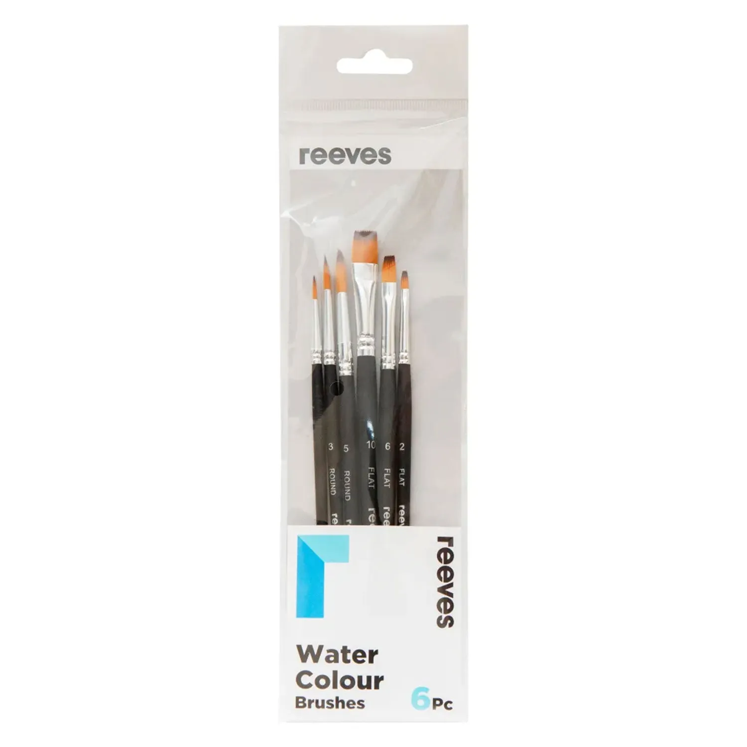 Reeves Water Colour Brushes Short Handle Set of 6 - No. 1, 3, & 5 Round; No. 2, 6, & 10 Flat