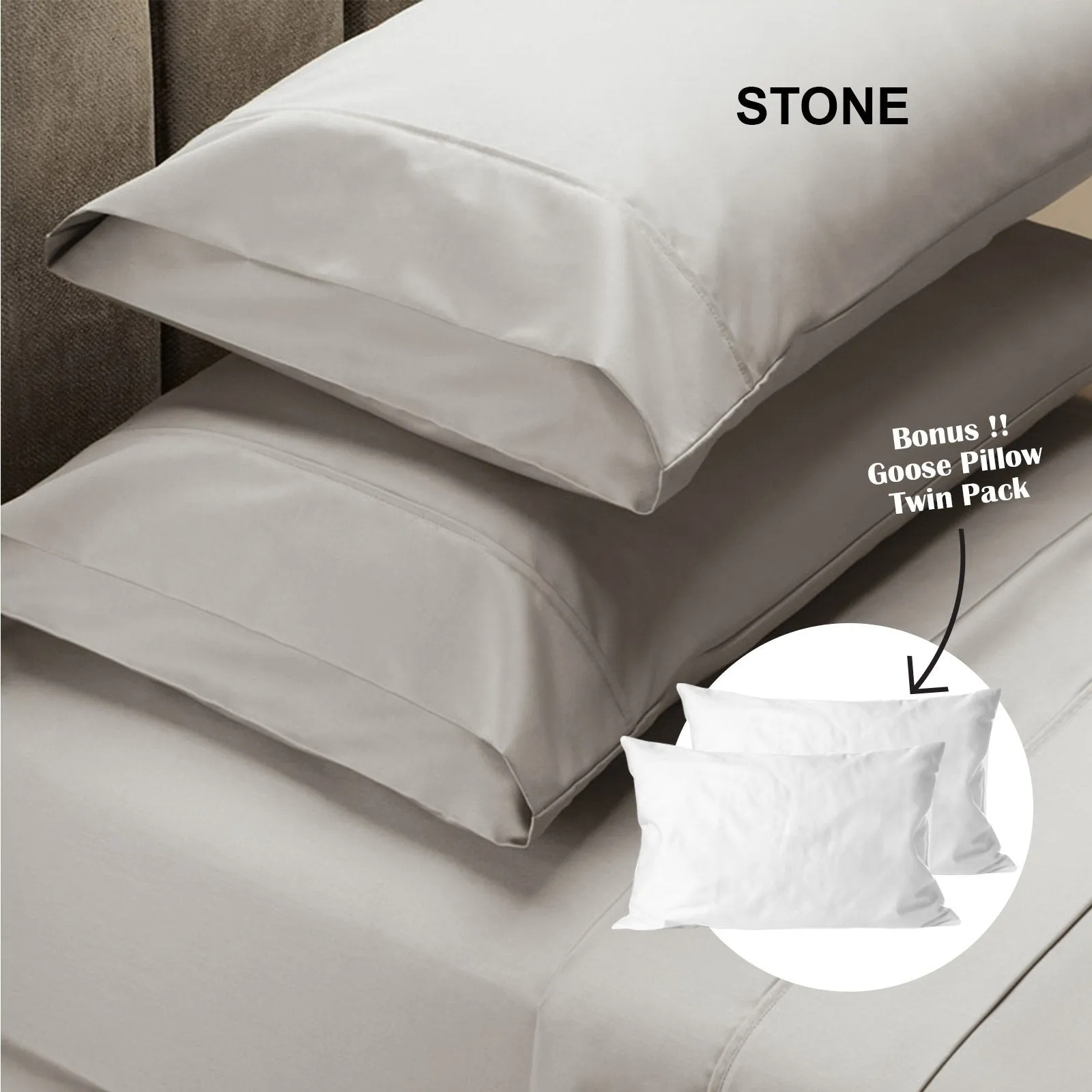 Royal Comfort 4 Piece 1500TC Sheet Set And Goose Feather Down Pillows 2 Pack Set King Stone