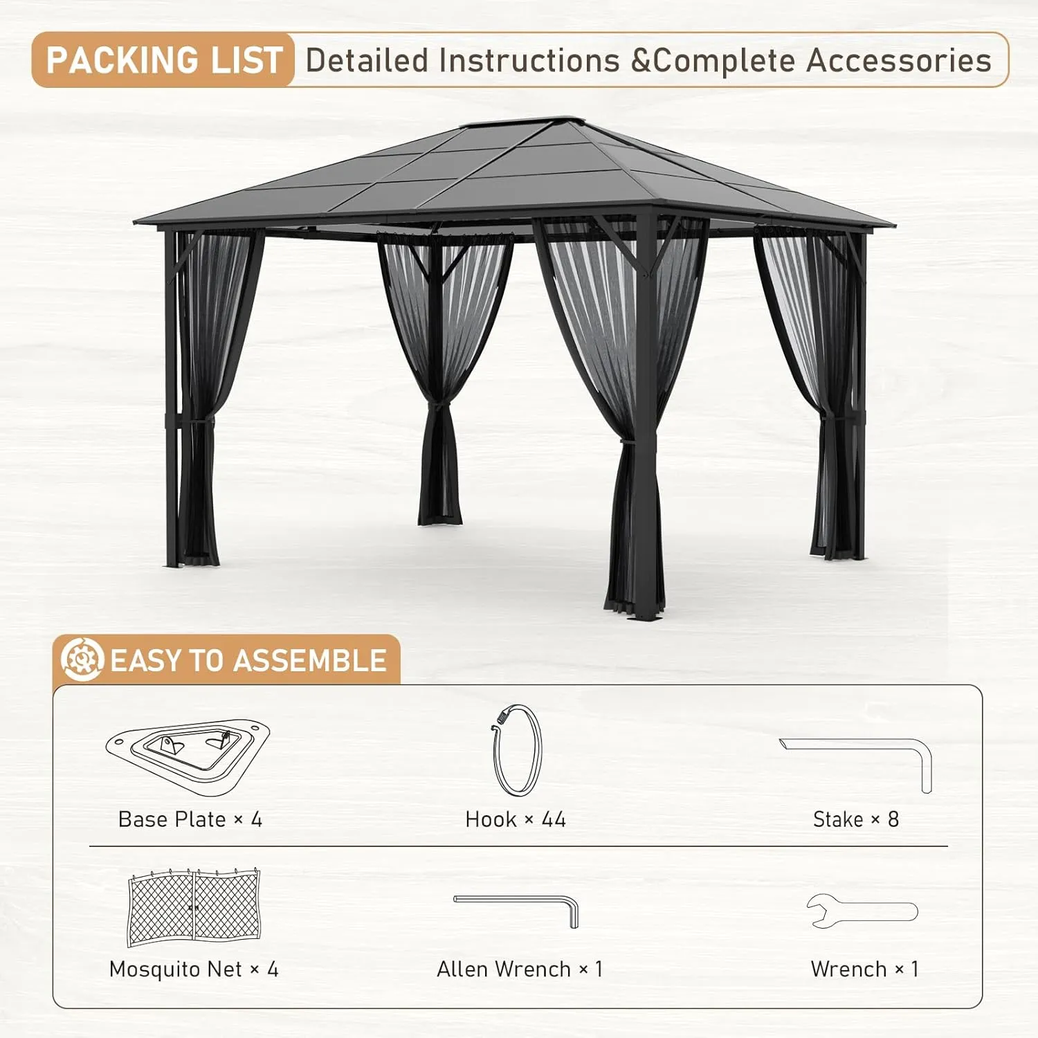 SANNWSG Hardtop Gazebos,Heavy Duty Gazebo,Outdoor Canopy Gazebo with Metal Frame,Galvanized Steel Roof,Mosquito Netting,Permanent Metal Pavilion Gazebo for Backyards,Patios