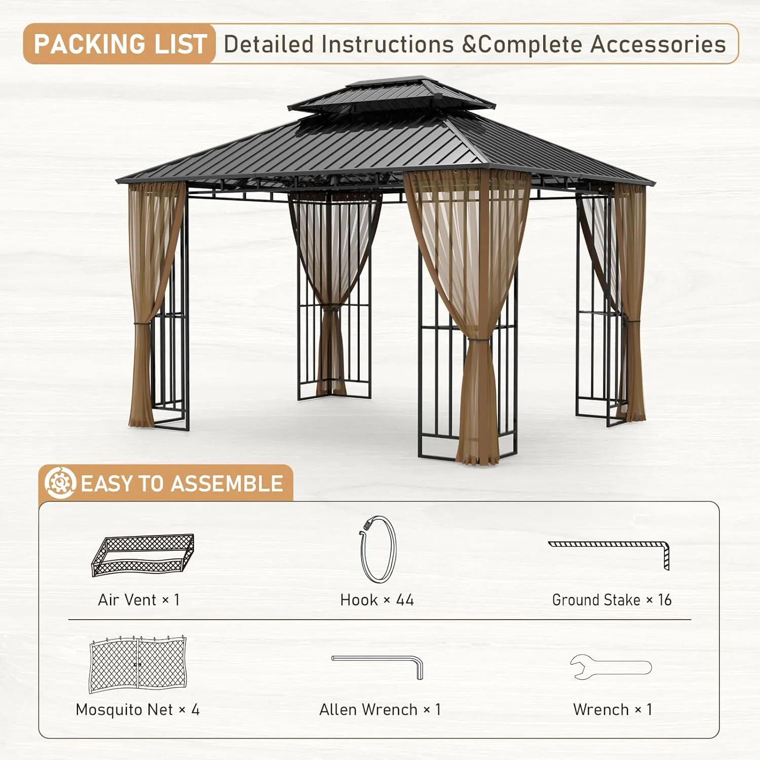 SANNWSG Hardtop Gazebos,Heavy Duty Gazebo,Outdoor Canopy Gazebo with Metal Frame,Galvanized Steel Roof,Mosquito Netting,Permanent Metal Pavilion Gazebo for Backyards,Patios