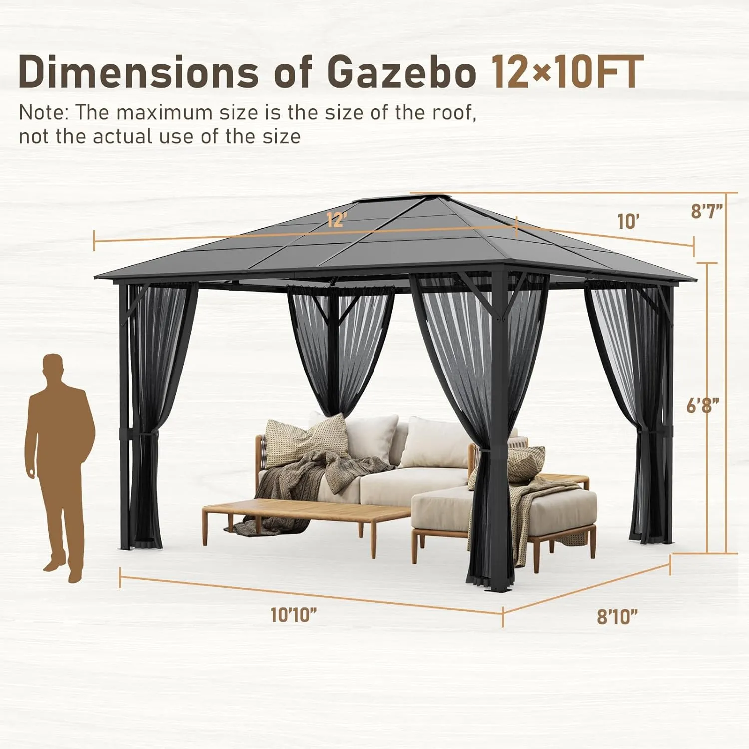 SANNWSG Hardtop Gazebos,Heavy Duty Gazebo,Outdoor Canopy Gazebo with Metal Frame,Galvanized Steel Roof,Mosquito Netting,Permanent Metal Pavilion Gazebo for Backyards,Patios