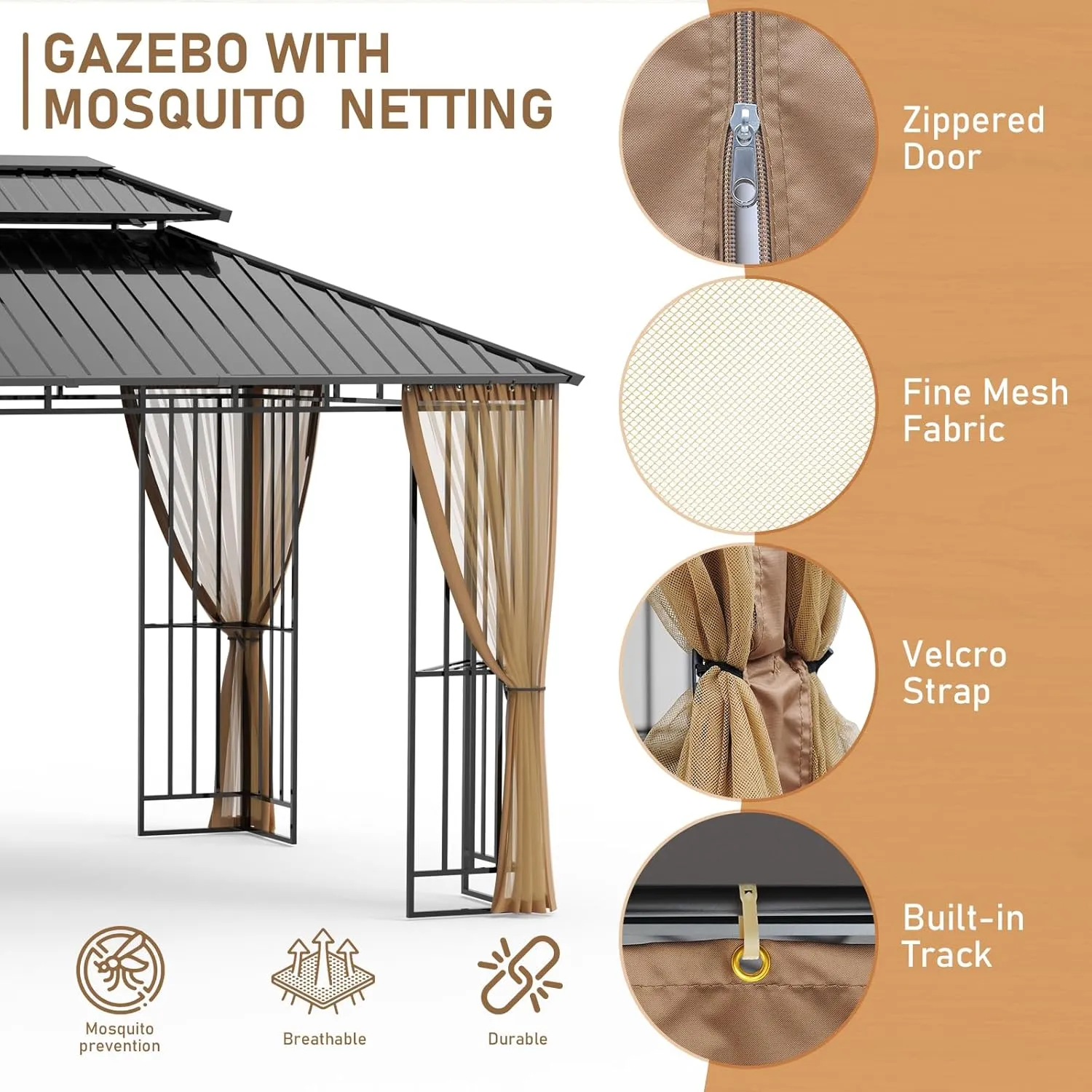 SANNWSG Hardtop Gazebos,Heavy Duty Gazebo,Outdoor Canopy Gazebo with Metal Frame,Galvanized Steel Roof,Mosquito Netting,Permanent Metal Pavilion Gazebo for Backyards,Patios