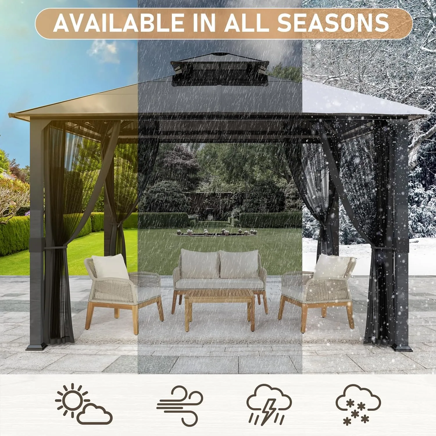 SANNWSG Hardtop Gazebos,Heavy Duty Gazebo,Outdoor Canopy Gazebo with Metal Frame,Galvanized Steel Roof,Mosquito Netting,Permanent Metal Pavilion Gazebo for Backyards,Patios