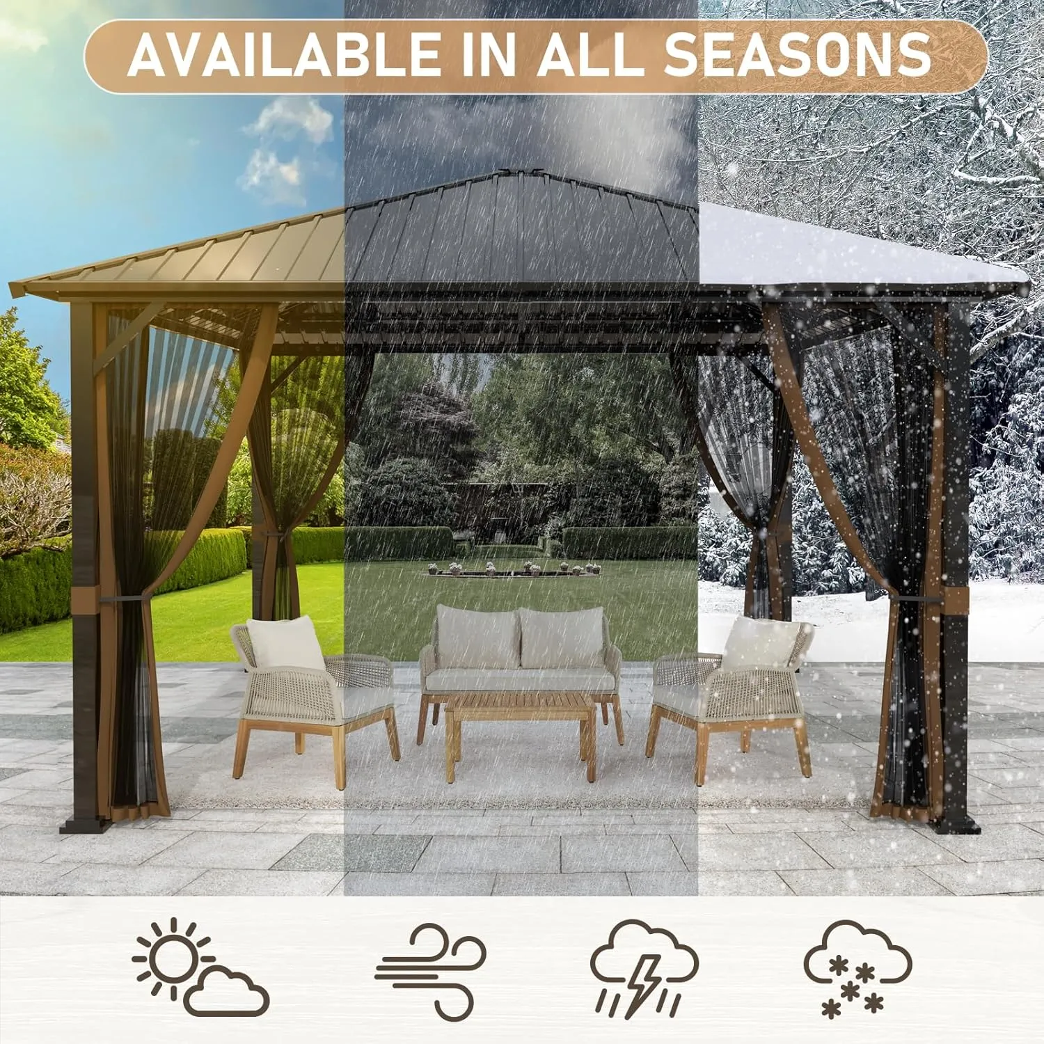 SANNWSG Hardtop Gazebos,Heavy Duty Gazebo,Outdoor Canopy Gazebo with Metal Frame,Galvanized Steel Roof,Mosquito Netting,Permanent Metal Pavilion Gazebo for Backyards,Patios