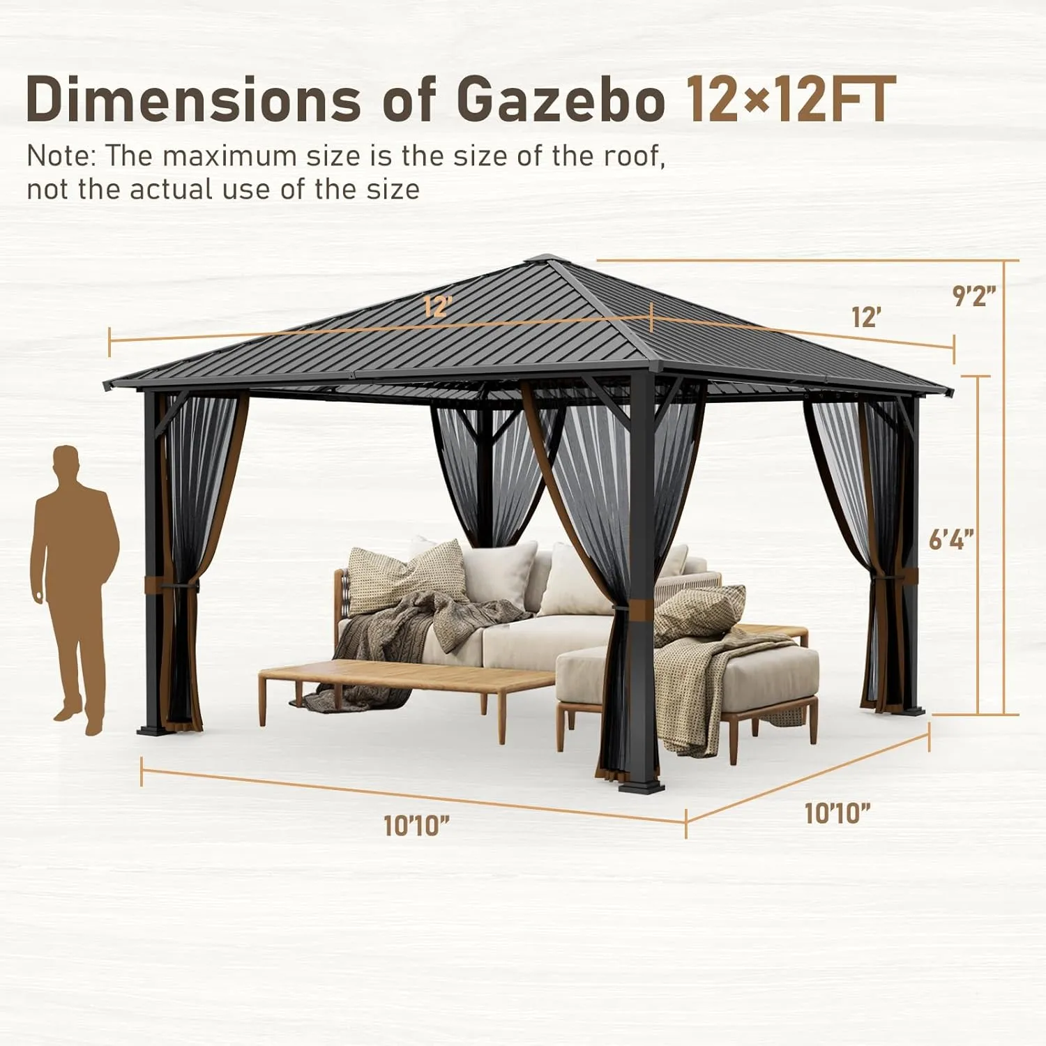 SANNWSG Hardtop Gazebos,Heavy Duty Gazebo,Outdoor Canopy Gazebo with Metal Frame,Galvanized Steel Roof,Mosquito Netting,Permanent Metal Pavilion Gazebo for Backyards,Patios