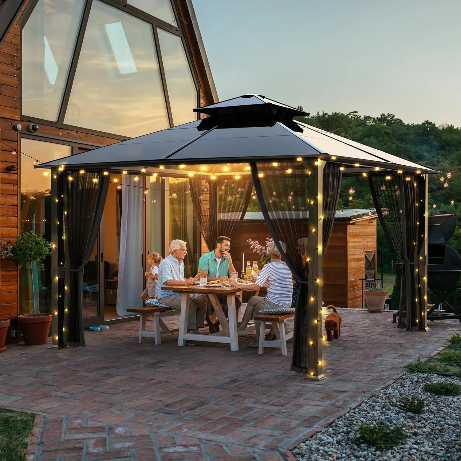 SANNWSG Hardtop Gazebos,Heavy Duty Gazebo,Outdoor Canopy Gazebo with Metal Frame,Galvanized Steel Roof,Mosquito Netting,Permanent Metal Pavilion Gazebo for Backyards,Patios