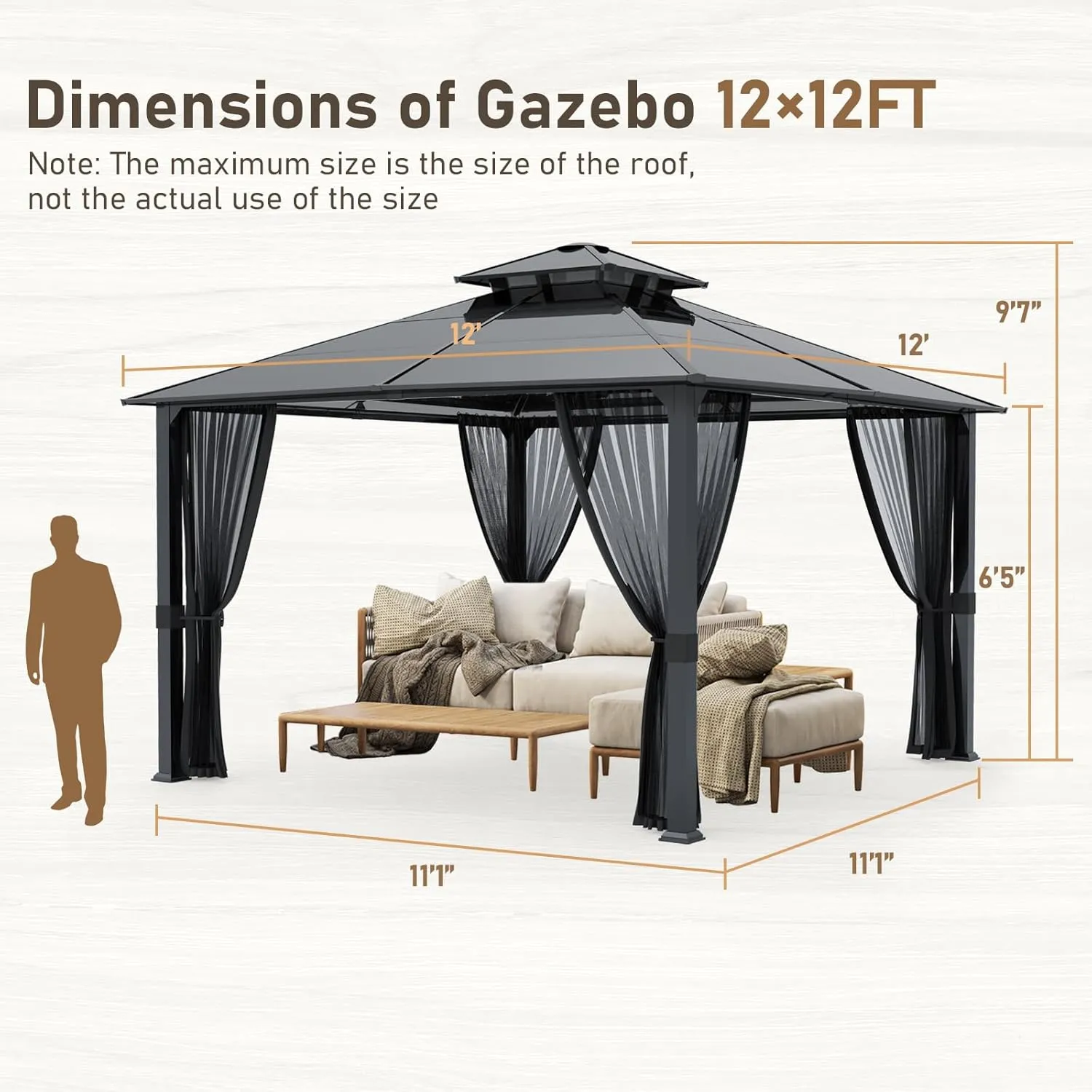 SANNWSG Hardtop Gazebos,Heavy Duty Gazebo,Outdoor Canopy Gazebo with Metal Frame,Galvanized Steel Roof,Mosquito Netting,Permanent Metal Pavilion Gazebo for Backyards,Patios