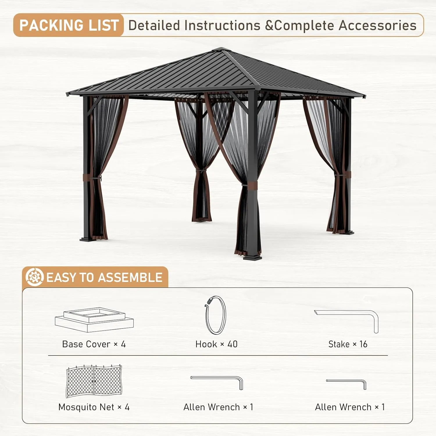 SANNWSG Hardtop Gazebos,Heavy Duty Gazebo,Outdoor Canopy Gazebo with Metal Frame,Galvanized Steel Roof,Mosquito Netting,Permanent Metal Pavilion Gazebo for Backyards,Patios