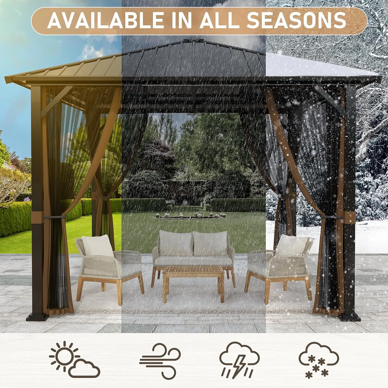 SANNWSG Hardtop Gazebos,Heavy Duty Gazebo,Outdoor Canopy Gazebo with Metal Frame,Galvanized Steel Roof,Mosquito Netting,Permanent Metal Pavilion Gazebo for Backyards,Patios