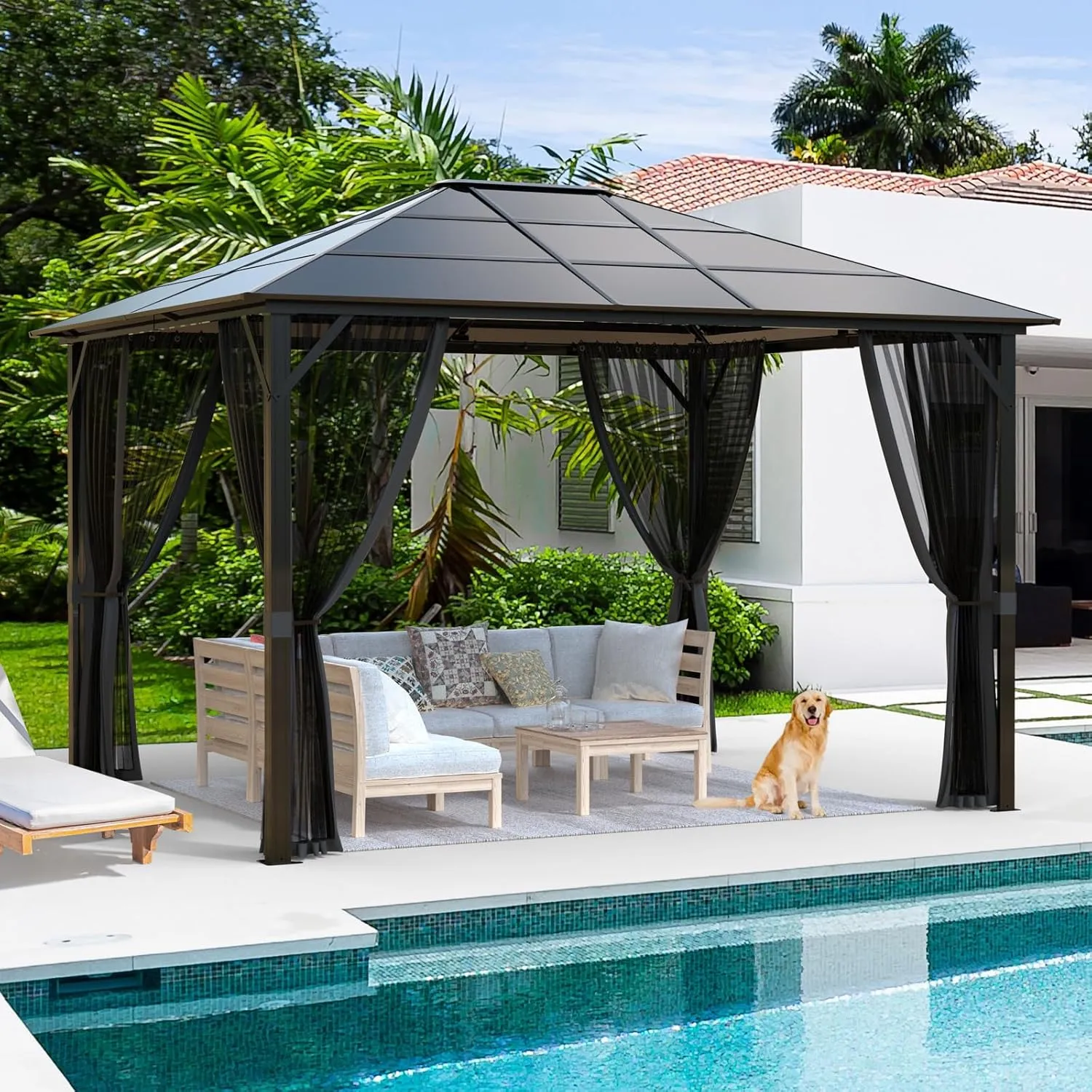 SANNWSG Hardtop Gazebos,Heavy Duty Gazebo,Outdoor Canopy Gazebo with Metal Frame,Galvanized Steel Roof,Mosquito Netting,Permanent Metal Pavilion Gazebo for Backyards,Patios