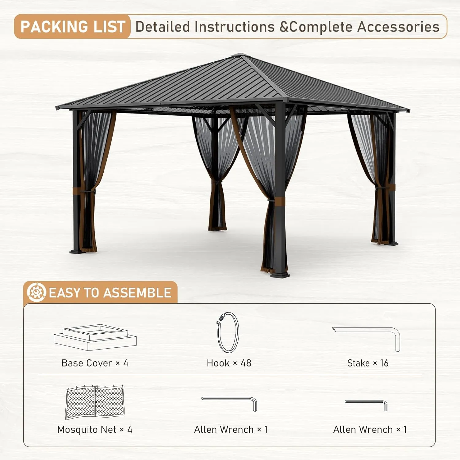 SANNWSG Hardtop Gazebos,Heavy Duty Gazebo,Outdoor Canopy Gazebo with Metal Frame,Galvanized Steel Roof,Mosquito Netting,Permanent Metal Pavilion Gazebo for Backyards,Patios