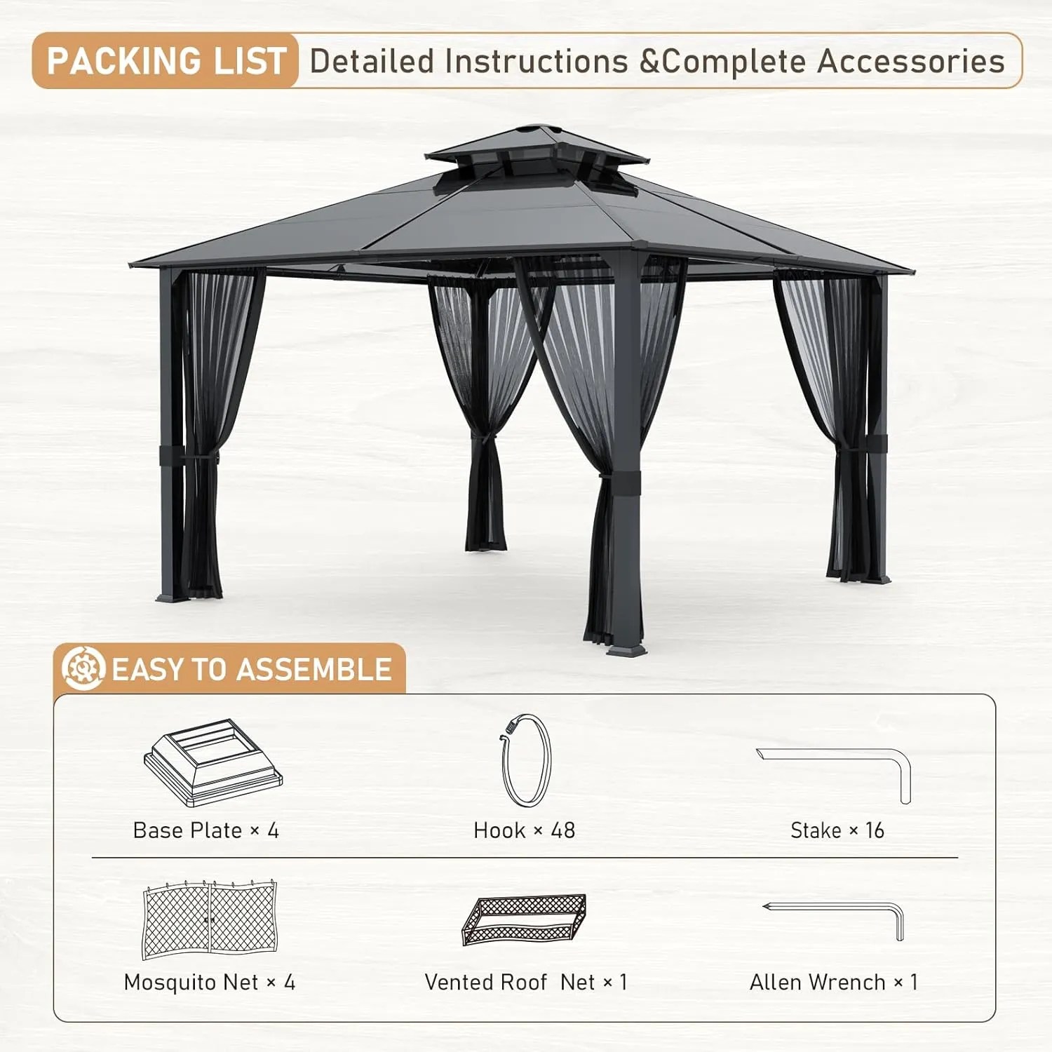 SANNWSG Hardtop Gazebos,Heavy Duty Gazebo,Outdoor Canopy Gazebo with Metal Frame,Galvanized Steel Roof,Mosquito Netting,Permanent Metal Pavilion Gazebo for Backyards,Patios