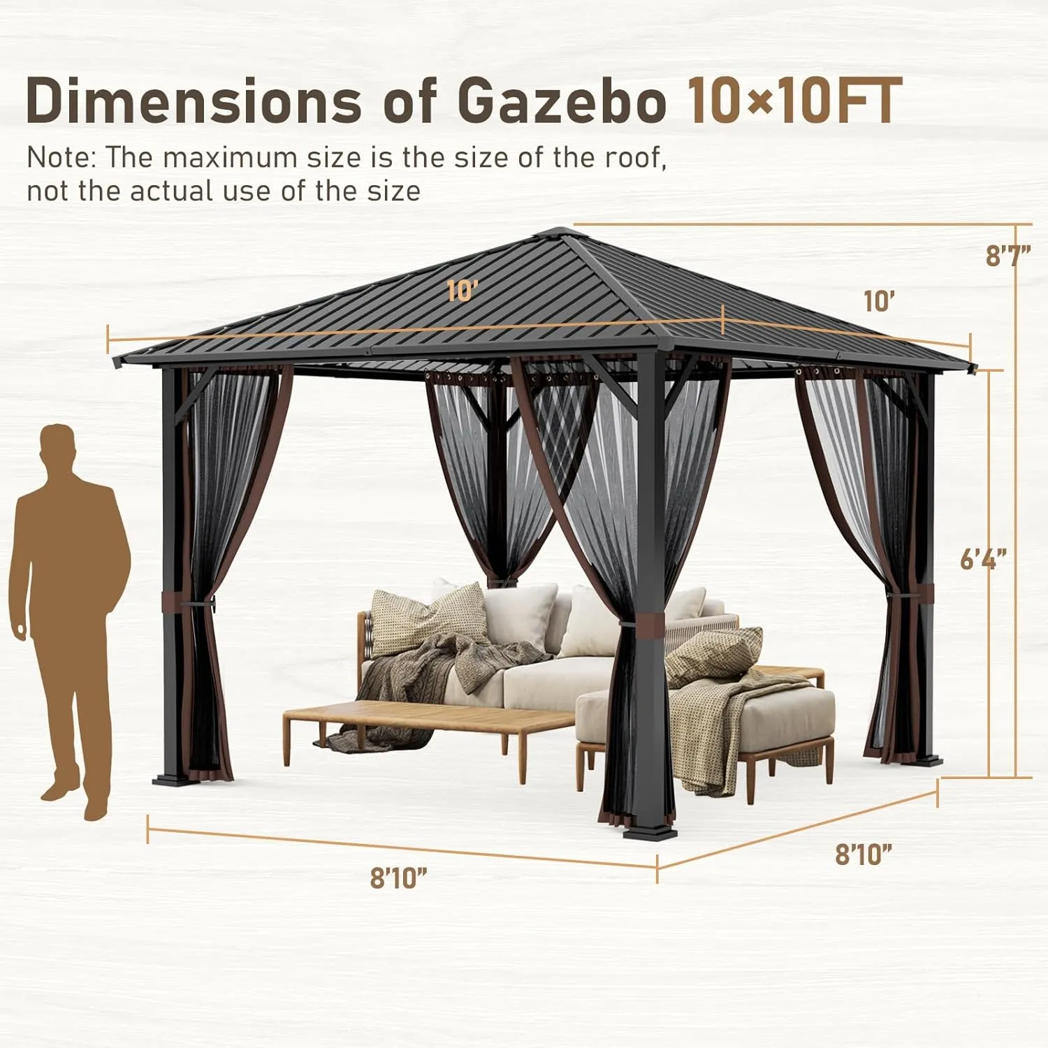 SANNWSG Hardtop Gazebos,Heavy Duty Gazebo,Outdoor Canopy Gazebo with Metal Frame,Galvanized Steel Roof,Mosquito Netting,Permanent Metal Pavilion Gazebo for Backyards,Patios