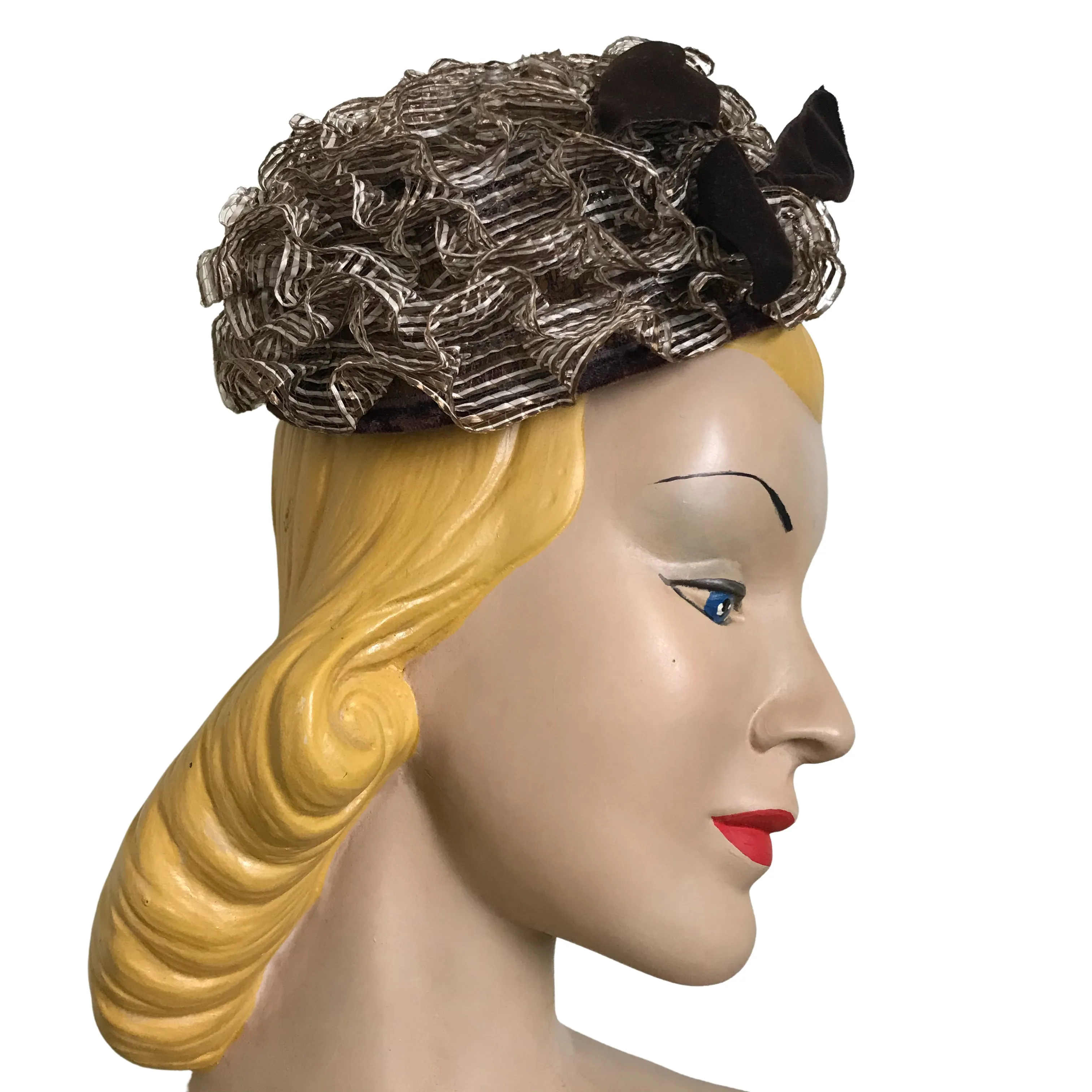 Sculpted Cocoa and White Sisal Whimsy Cap with Velvet Bow circa 1960s Lilly Daché