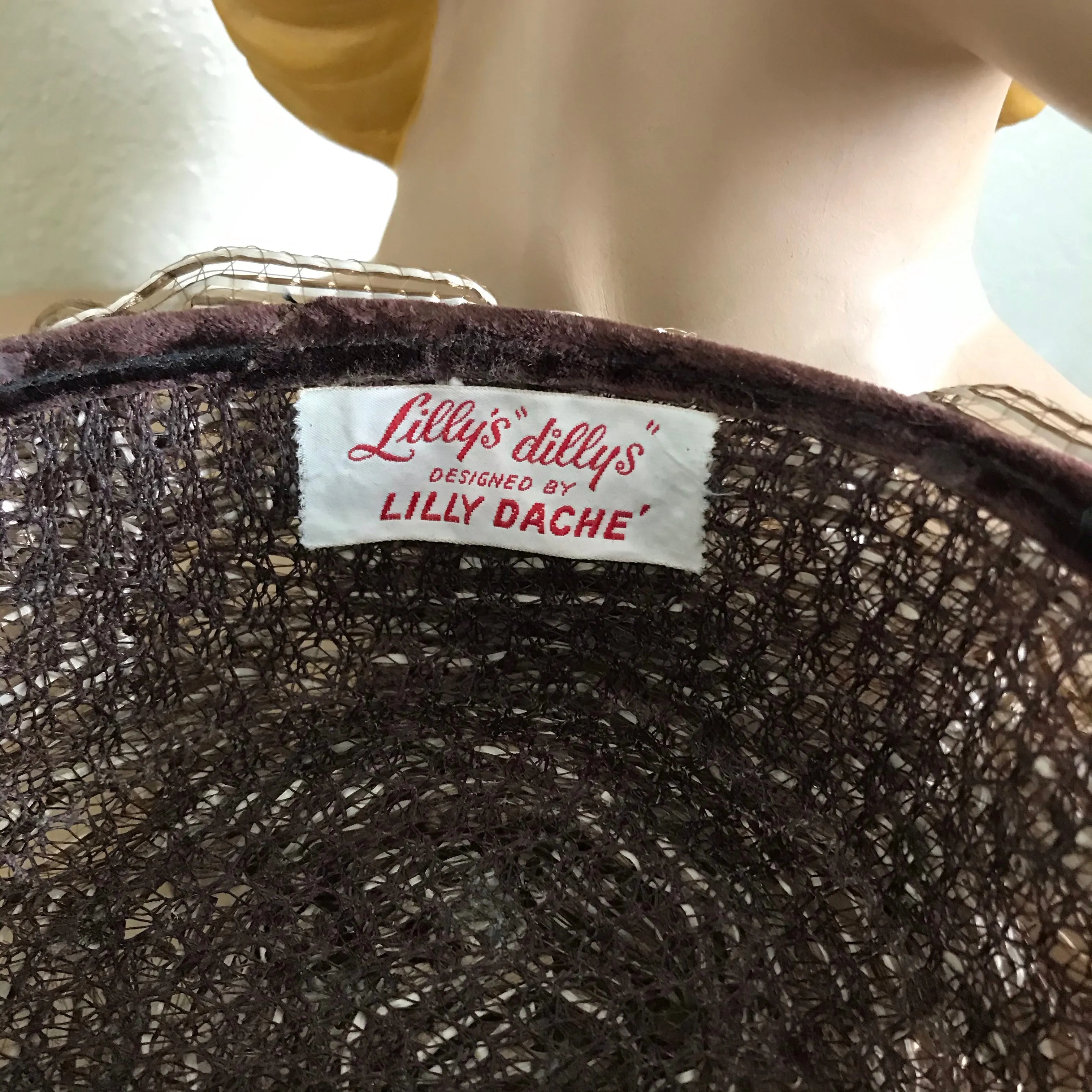 Sculpted Cocoa and White Sisal Whimsy Cap with Velvet Bow circa 1960s Lilly Daché