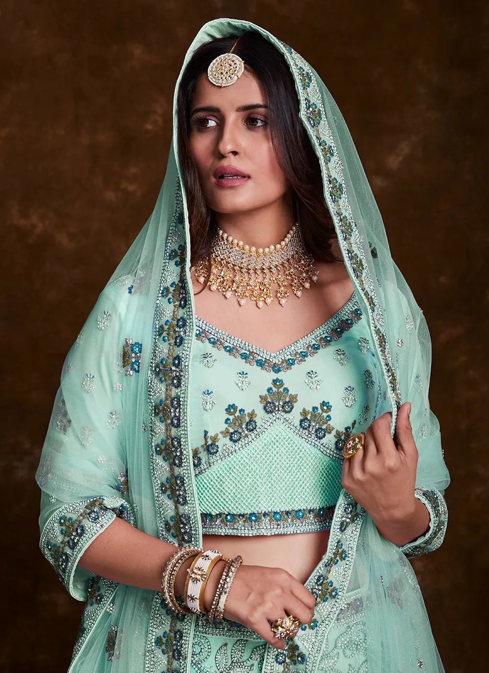 Sea Green Net Lehenga Set with Thread, Zari, Dori & Zarkan Work