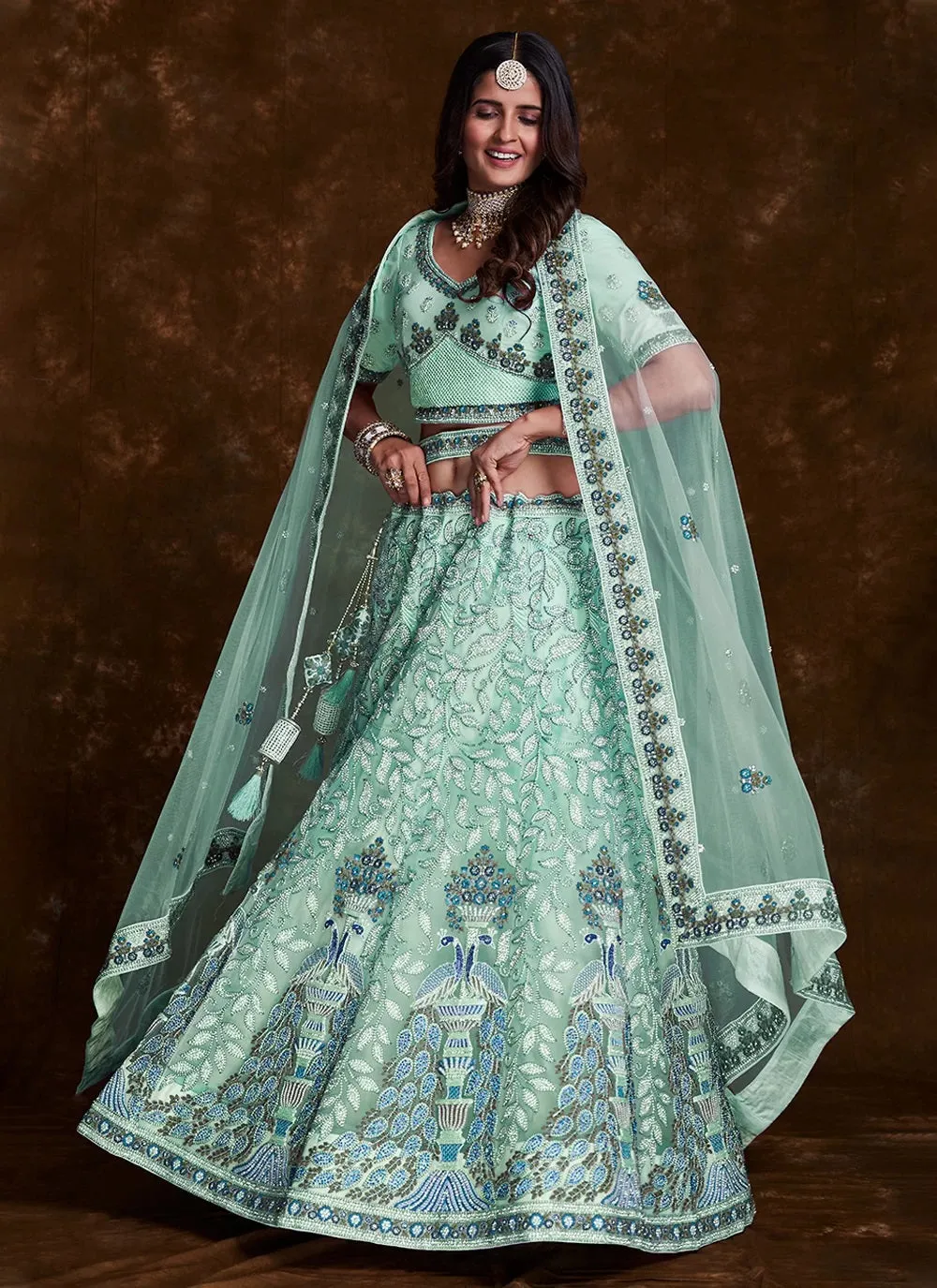 Sea Green Net Lehenga Set with Thread, Zari, Dori & Zarkan Work