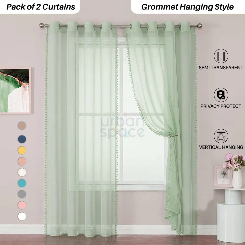 Sheer Curtain for Living Room with linen texture, Net Curtain for balcony, Pack of 2 Curtains -  Green with Pom pom