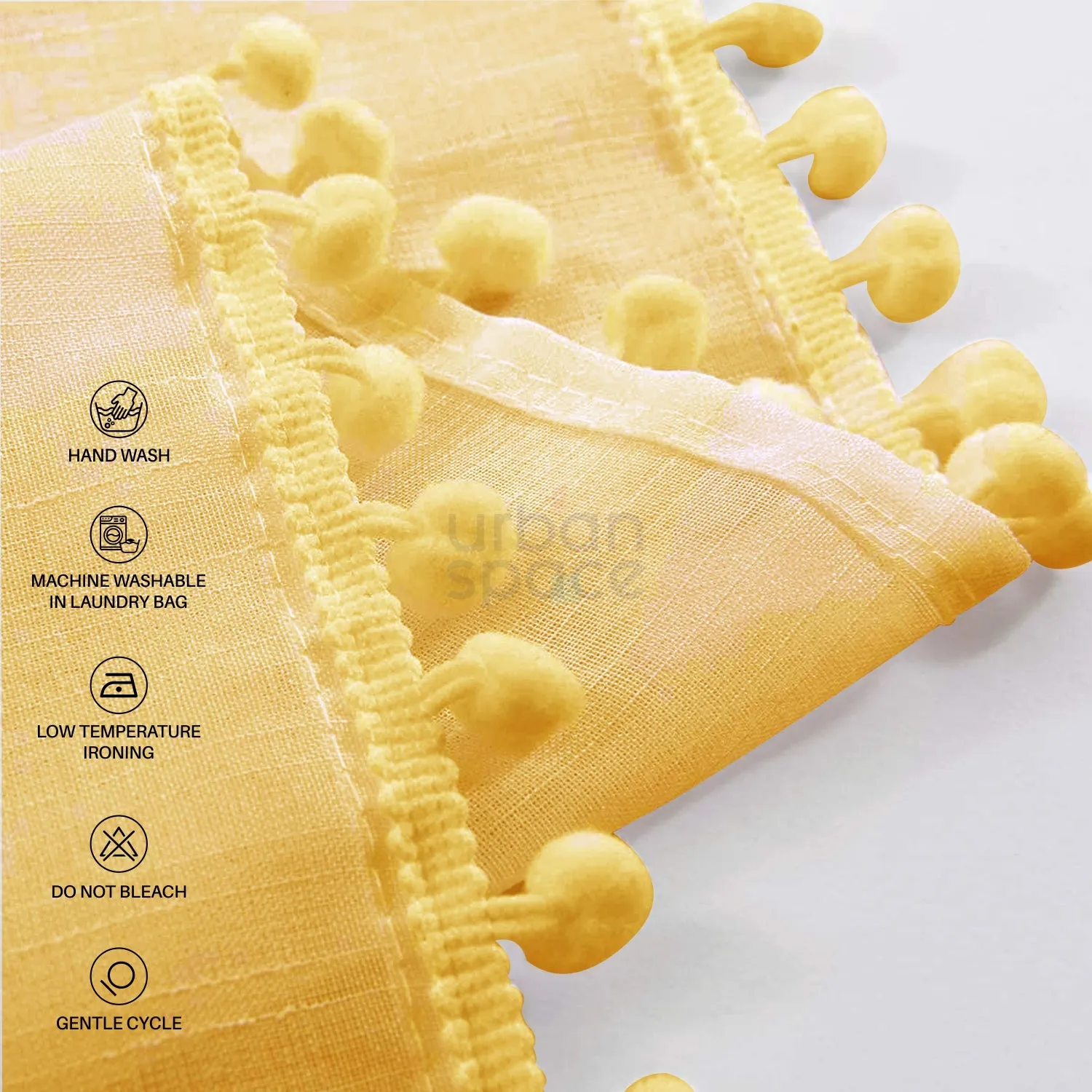 Sheer Curtain for Living Room with linen texture, Net Curtain for balcony, Pack of 2 Curtains -  Mustard with pom pom