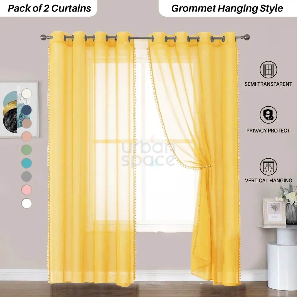 Sheer Curtain for Living Room with linen texture, Net Curtain for balcony, Pack of 2 Curtains -  Mustard with pom pom