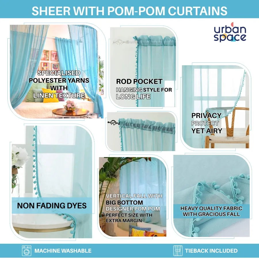 Sheer Curtain for Living Room with linen texture, Net Curtain for balcony, Pack of 2 Curtains - Taupe with pom pom