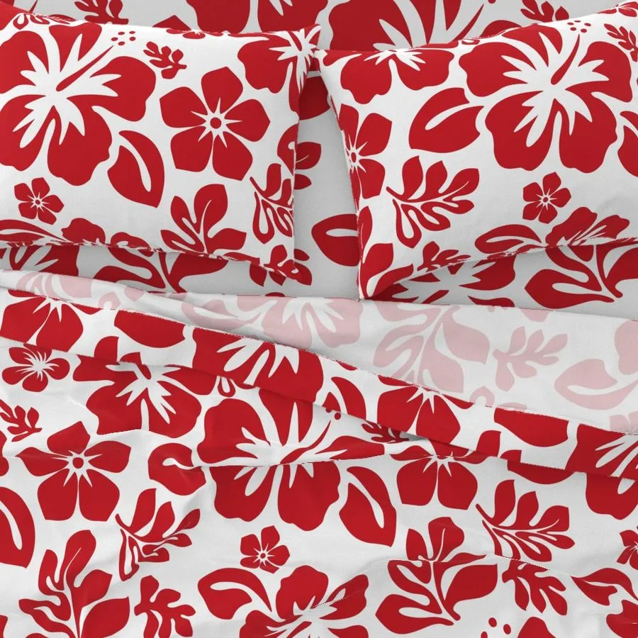 Surfer Red Hawaiian Flowers on White Sheet Set from Surfer Bedding™️ Medium Scale