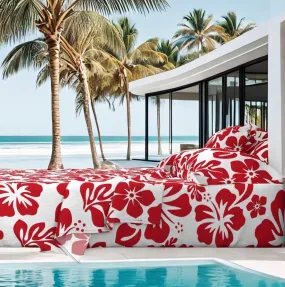 Surfer Red Hawaiian Flowers on White Sheet Set from Surfer Bedding™️ Medium Scale