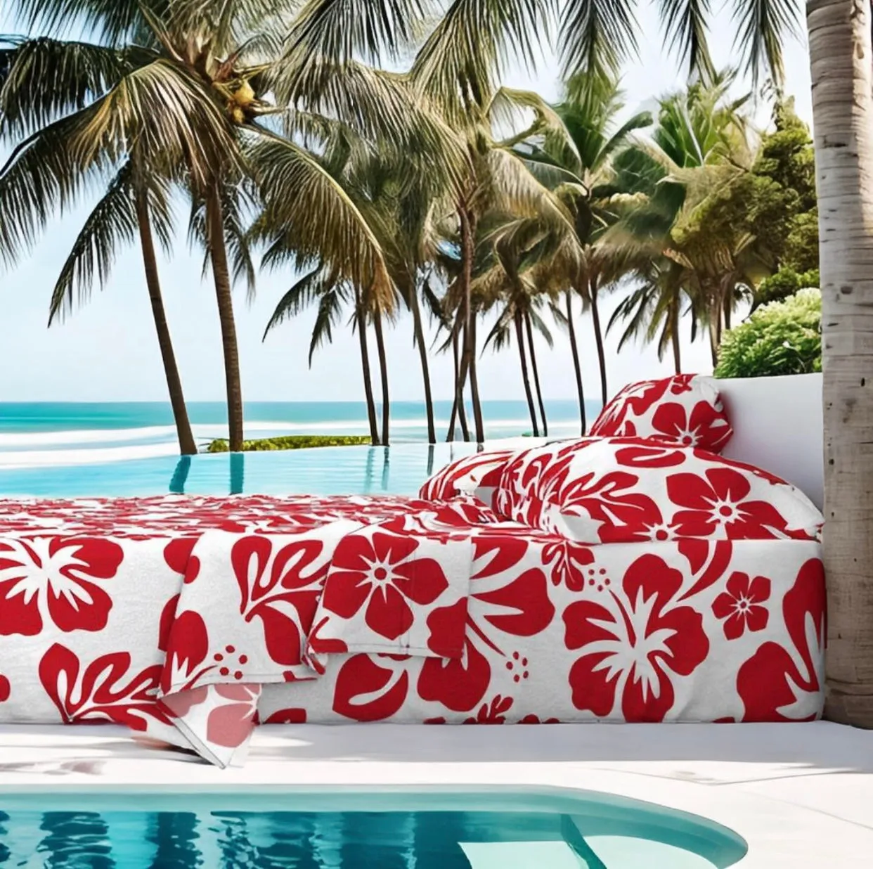 Surfer Red Hawaiian Flowers on White Sheet Set from Surfer Bedding™️ Medium Scale