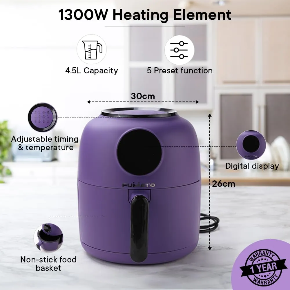 The Better Home Fumato Anniversary, Wedding Gifts For Couples- 12 Presets Digital Air Fryer For Home 3 In 1 Mixer Grinder Blender House Warming Gifts 1 Year Warranty (Purple), 4.5 Liters, 1300 Watts