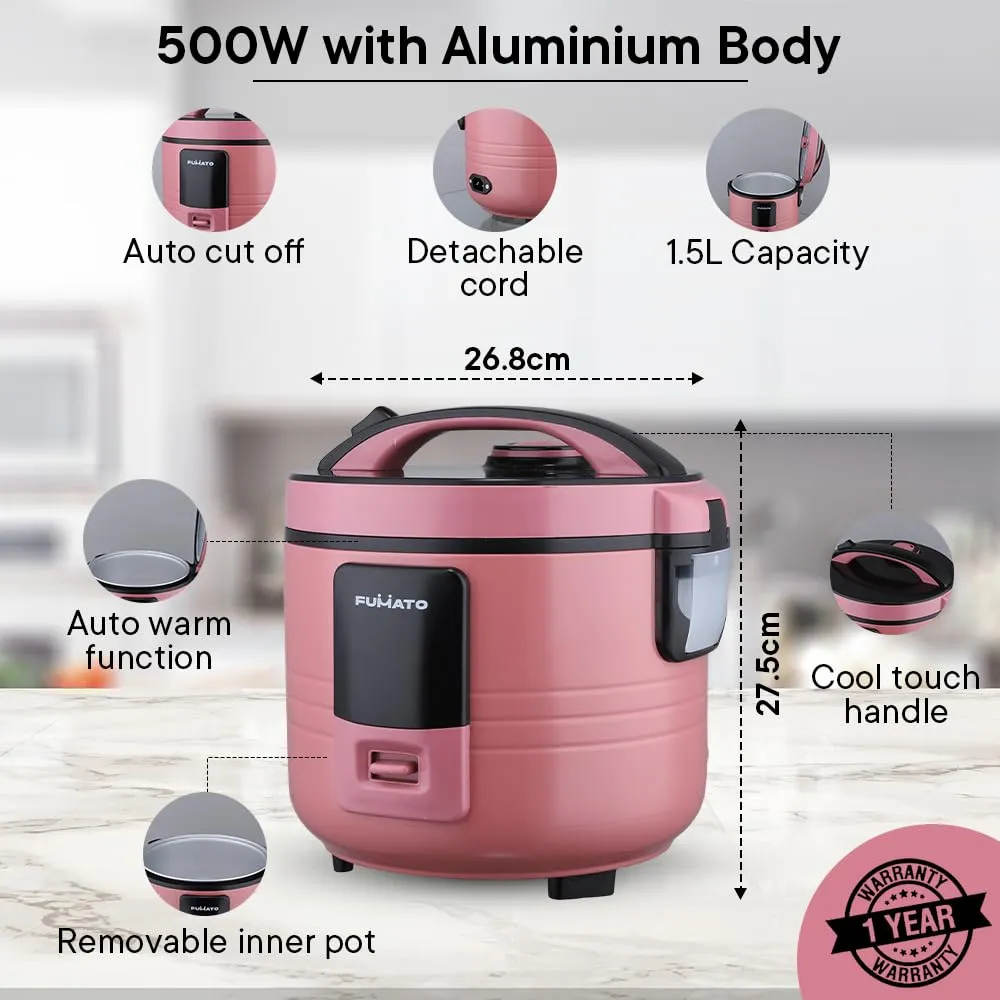 The Better Home FUMATO Cookeasy Automatic 500W Electric Rice Cooker 1.5L Pink & Stainless Steel Water Bottle 1 Litre Pack of 3 Green