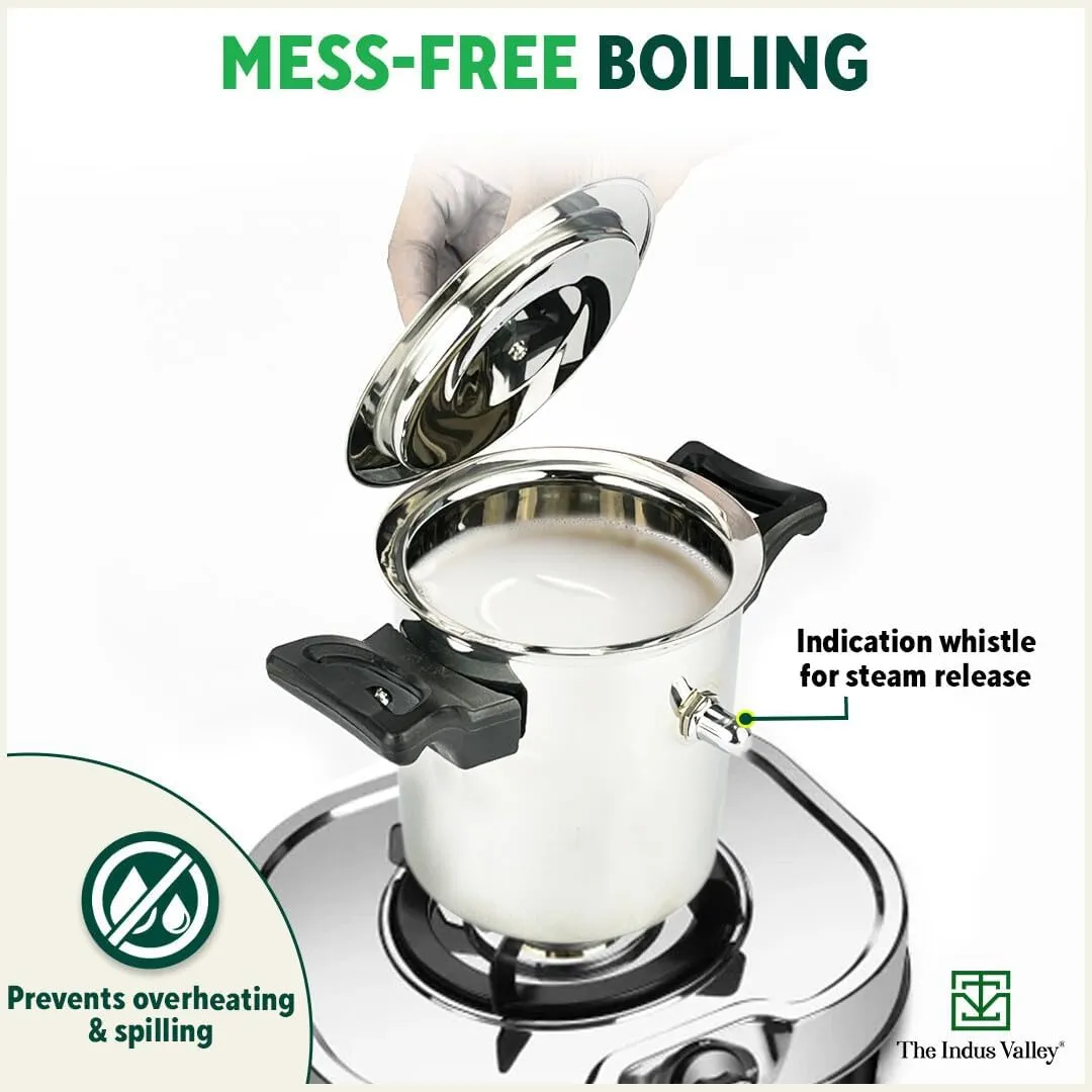 The Indus Valley Stainless Steel Milk Cooker/Boiler/Pot with Handle, Lid, Knob, Whistle | Small 13.5cm/5.3 inch, 1Ltr, 0.7kg | Induction Friendly | Nonstick, 100% Pure & Toxin-Free