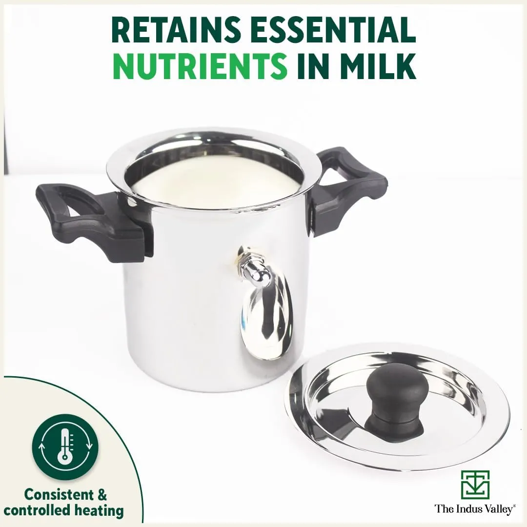 The Indus Valley Stainless Steel Milk Cooker/Boiler/Pot with Handle, Lid, Knob, Whistle | Small 13.5cm/5.3 inch, 1Ltr, 0.7kg | Induction Friendly | Nonstick, 100% Pure & Toxin-Free